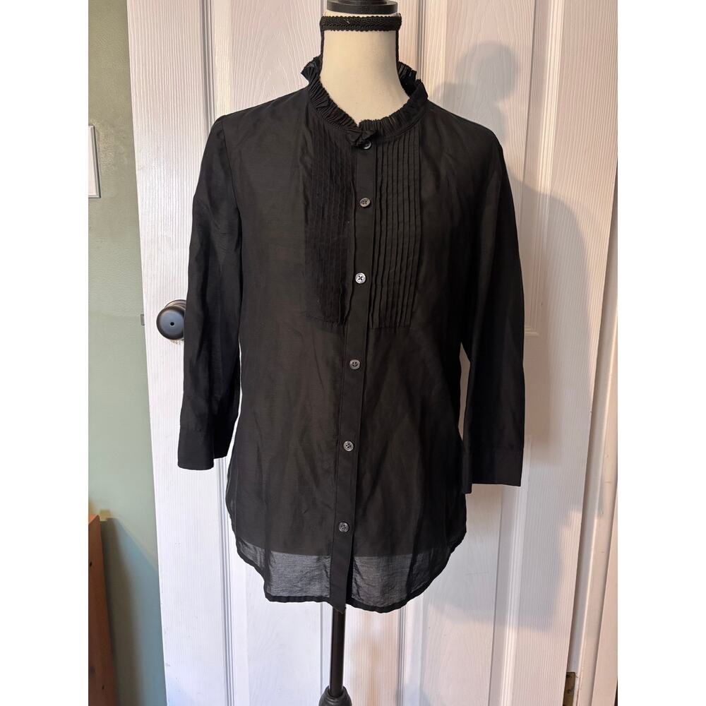 Banana Republic Blouse Women's Medium Black Cotton Poplin Banded Collar